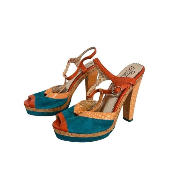 Poetic License London Orange Teal Peep Toe T-Strap Summer Fling Heels 8 - Picture 1 of 13